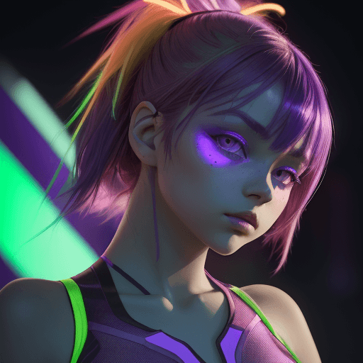 AI generated: a beautiful lightup purple girl is posing in front of her neon clothing, in the style of dark orange...