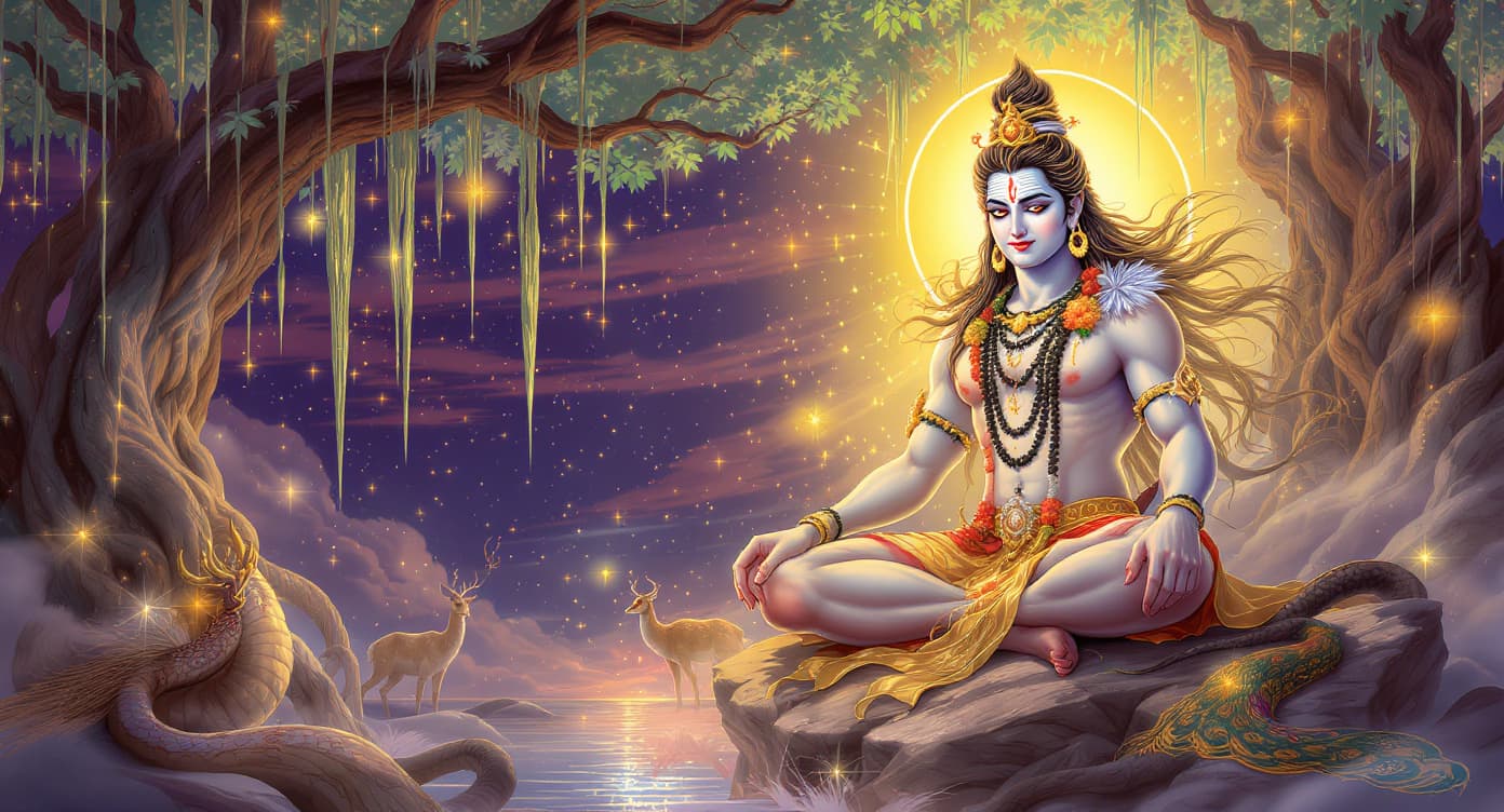 AI generated: Lord Shiva as Dakshinamurthy (the supreme guru) meditating under an ancient massive banyan tree. ash...
