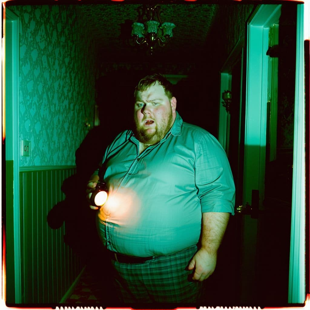 AI generated: Obese british bloke in a creepy haunted house holding a flashlight and he is scared out of his wits,...