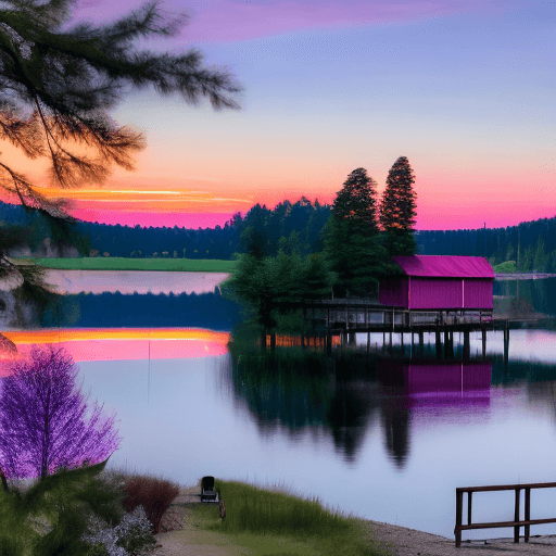 AI generated: image of a serene lakeside scene during sunset. The sky is a blend of warm oranges, pinks, and purpl...