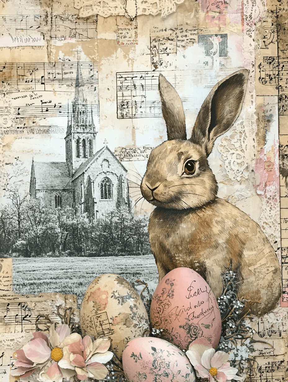 AI generated: Hand-drawn vintage Easter junk journal page, aged parchment texture mixed media collage, layered wit...