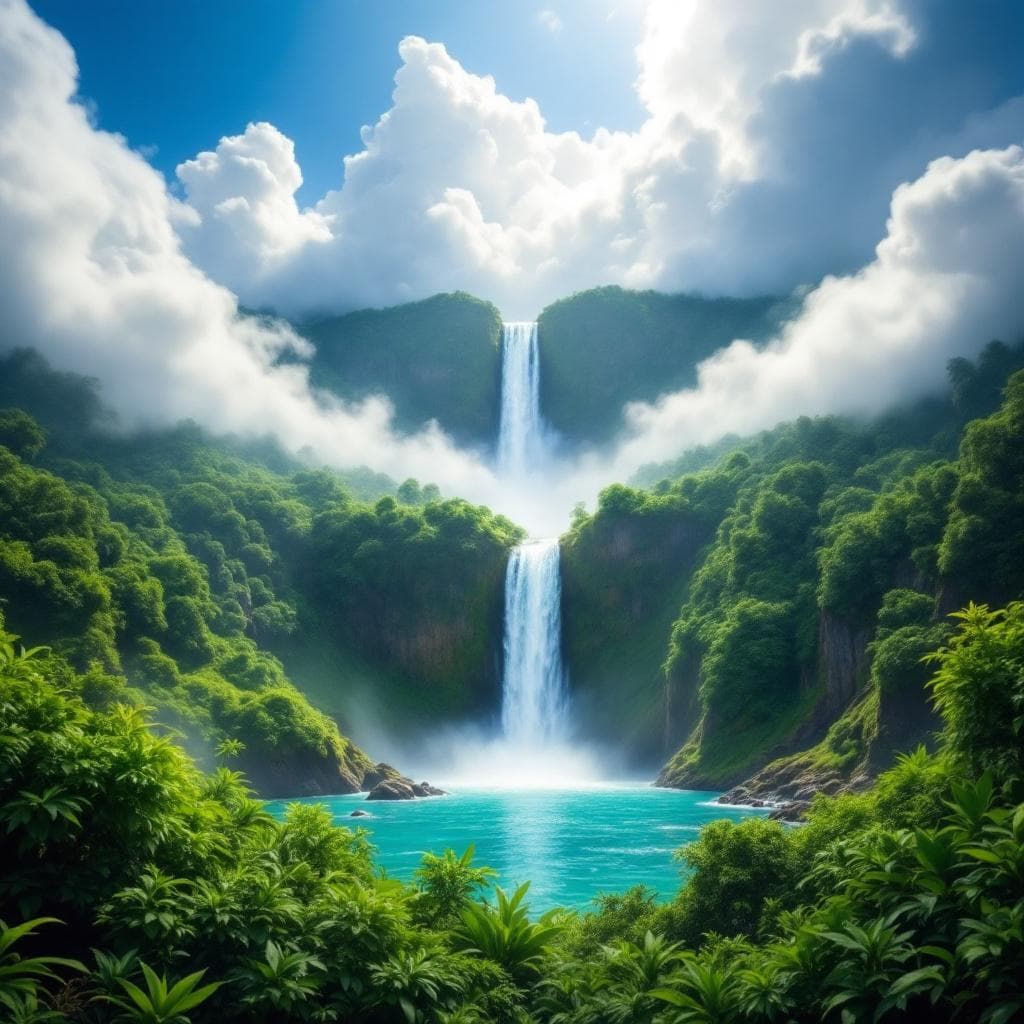 AI generated: A towering waterfall crashing into a turquoise lagoon, lush jungle surroundings, vibrant greens, sun...
