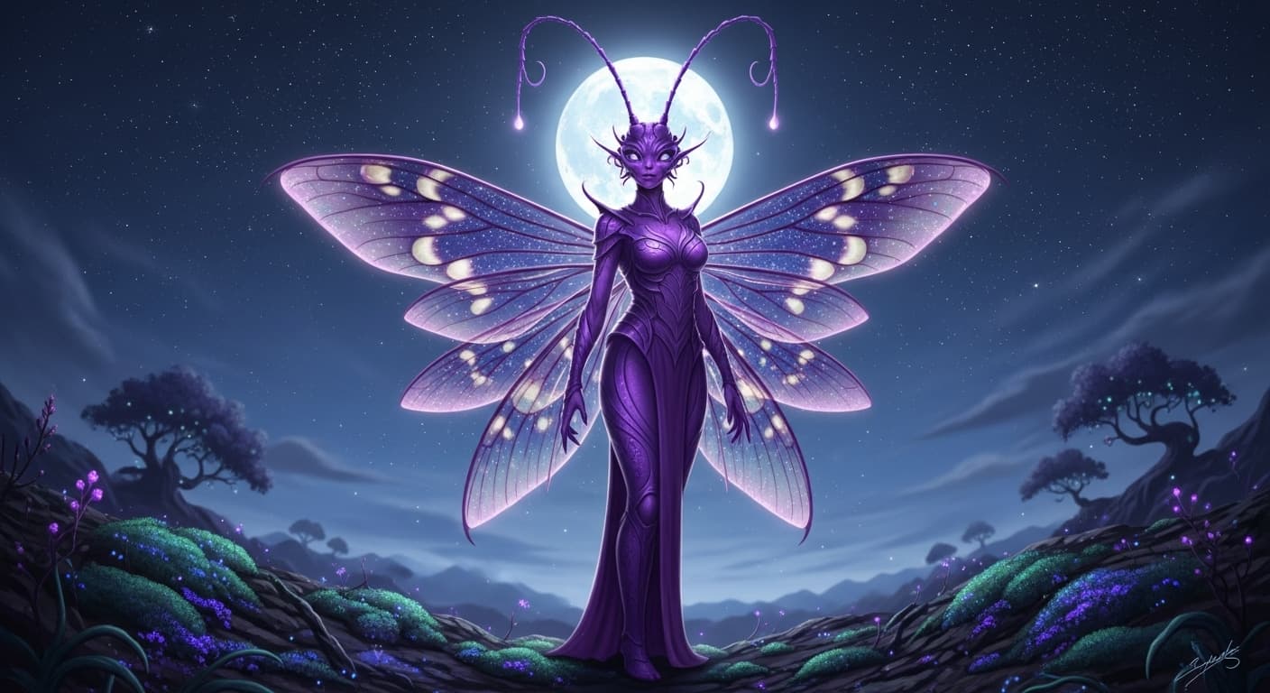 AI generated: Purple female bug lady, insect influences, standing majestically under a clear starry night sky, glo...