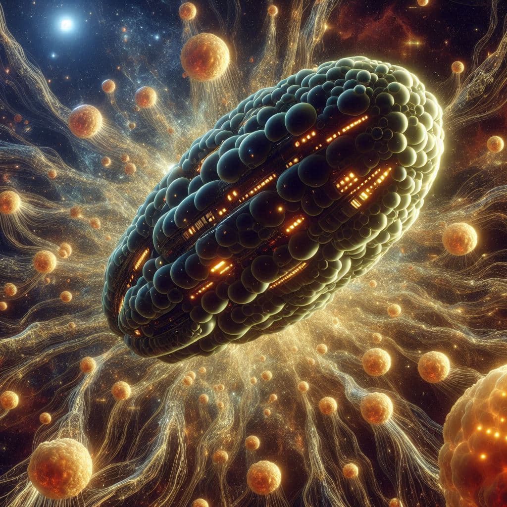 AI generated: Big in the foreground is a dark biotic spaceship made of transparent moldy cells. The strange univer...