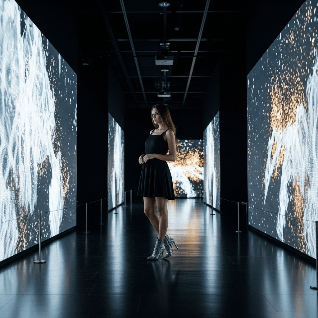 AI generated: A high-resolution cinematic photograph of a stylish woman with long hair wearing a minimalist black ...