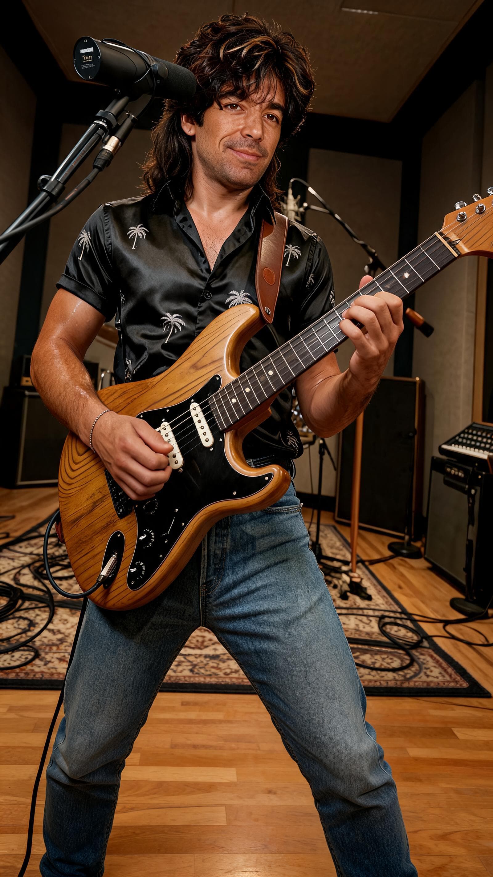 AI generated: Rock guitar player wearing a black, satin Hawaiian style shirt with light grey palm tree designs, wi...