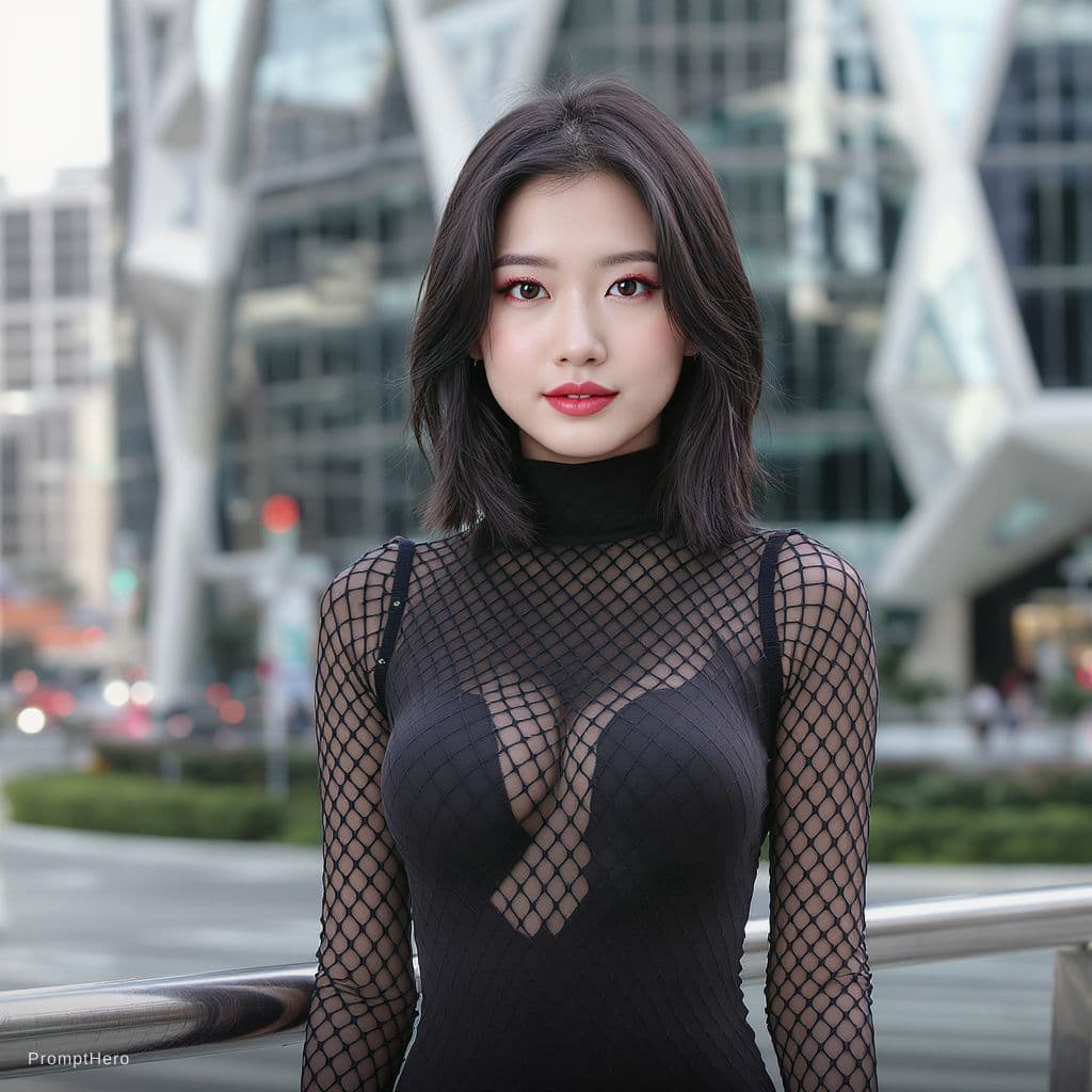 AI generated: Hot 24 Japanese women have shoulder long black hair, wearing fishnet bodysuit 