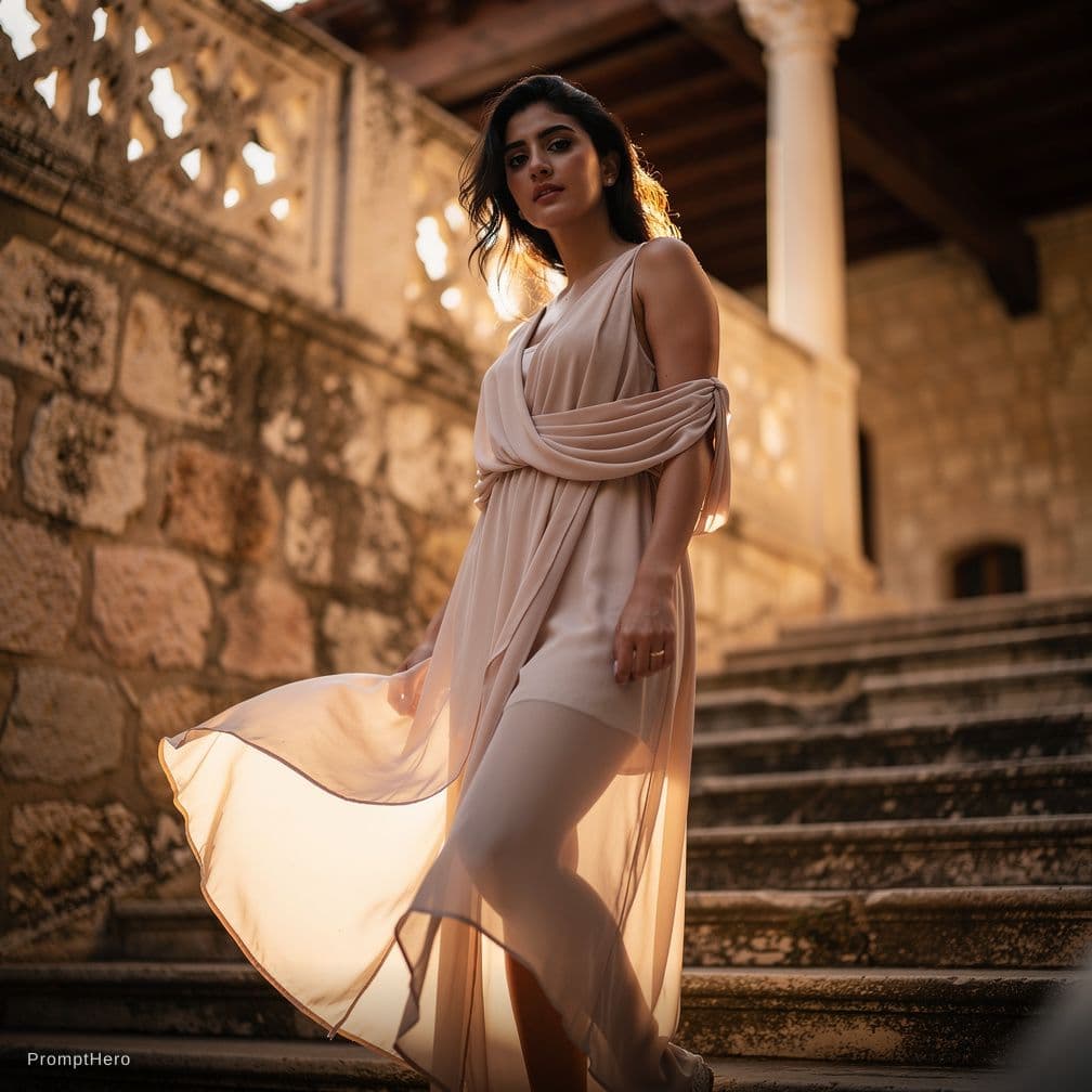 AI generated: Dramatic low-angle close-up shot of a young Middle Eastern woman standing beneath a covered balcony ...