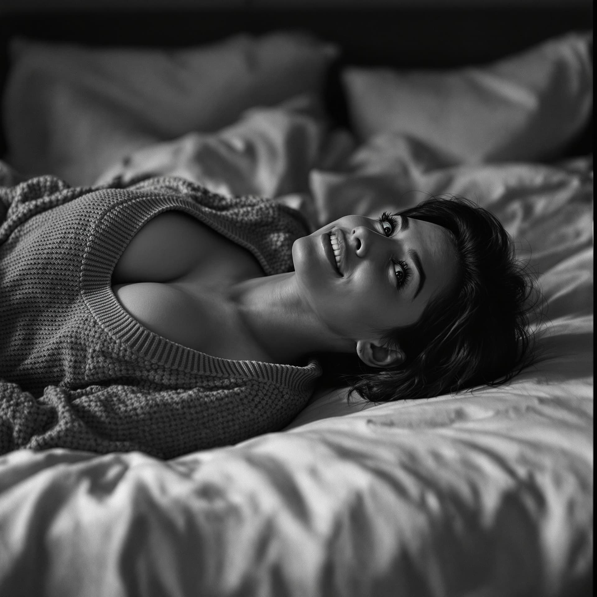 AI generated: Within this black and white image we see a young attractive latino woman laying on her back on a bed...
