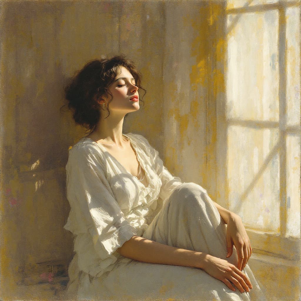 AI generated: minimal A woman feeling the spring sunlight by Claude Monet 