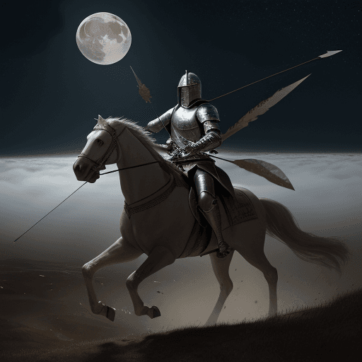 AI generated: a picture of a battle , knights on horseback fighting with swords at night, night , moon , fog , arr...