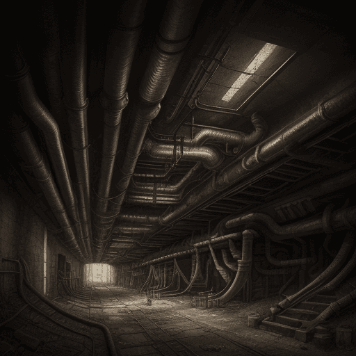 AI generated: a landscape painting of an underground complex made of pipes, dark, gritty, highly detailed, hdr