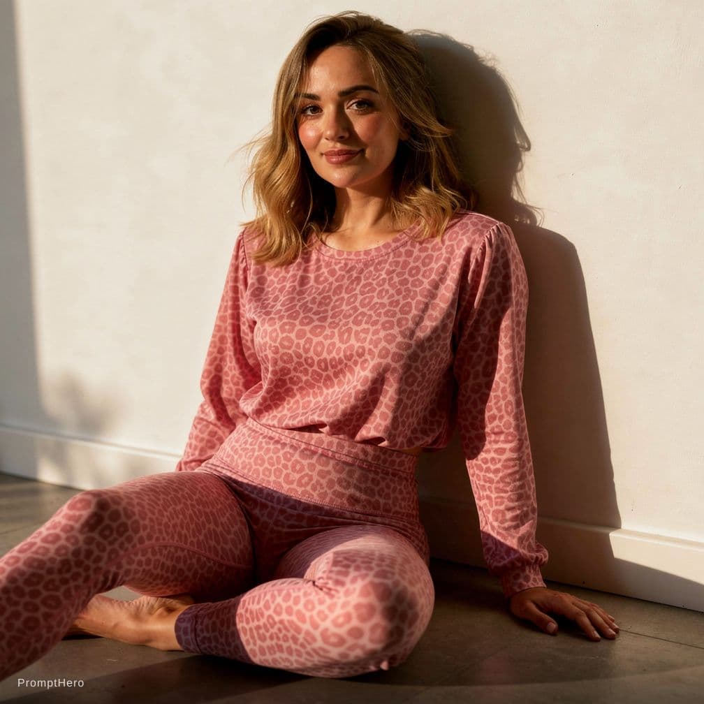 AI generated: photorealistic adult fashion model seated on the floor against the white wall, wearing pink leopard-...