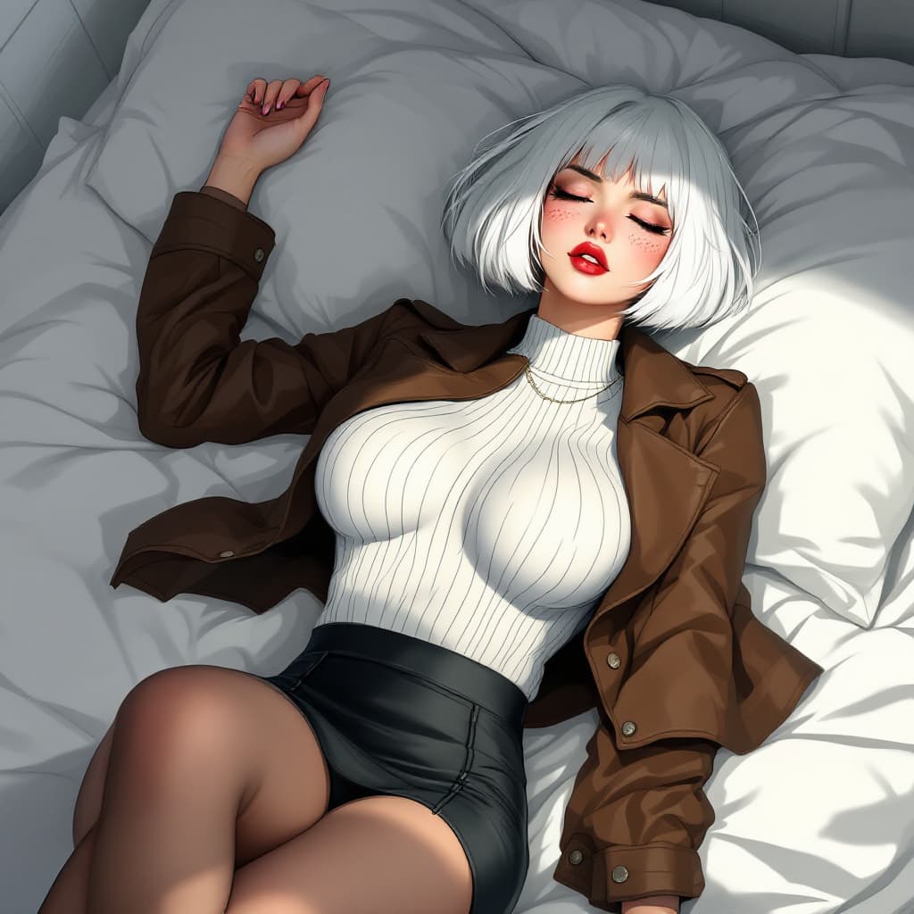 AI generated: anime, woman, white hair, bob cut, closed eyes, freckles, red lips, white sweater, tight sweater, sh...