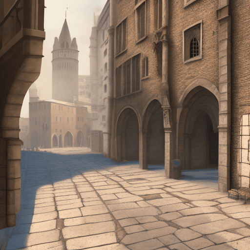 AI generated: Ultra realistic photo of a medieval city. Buildings made of stone, connected by arches. View from th...