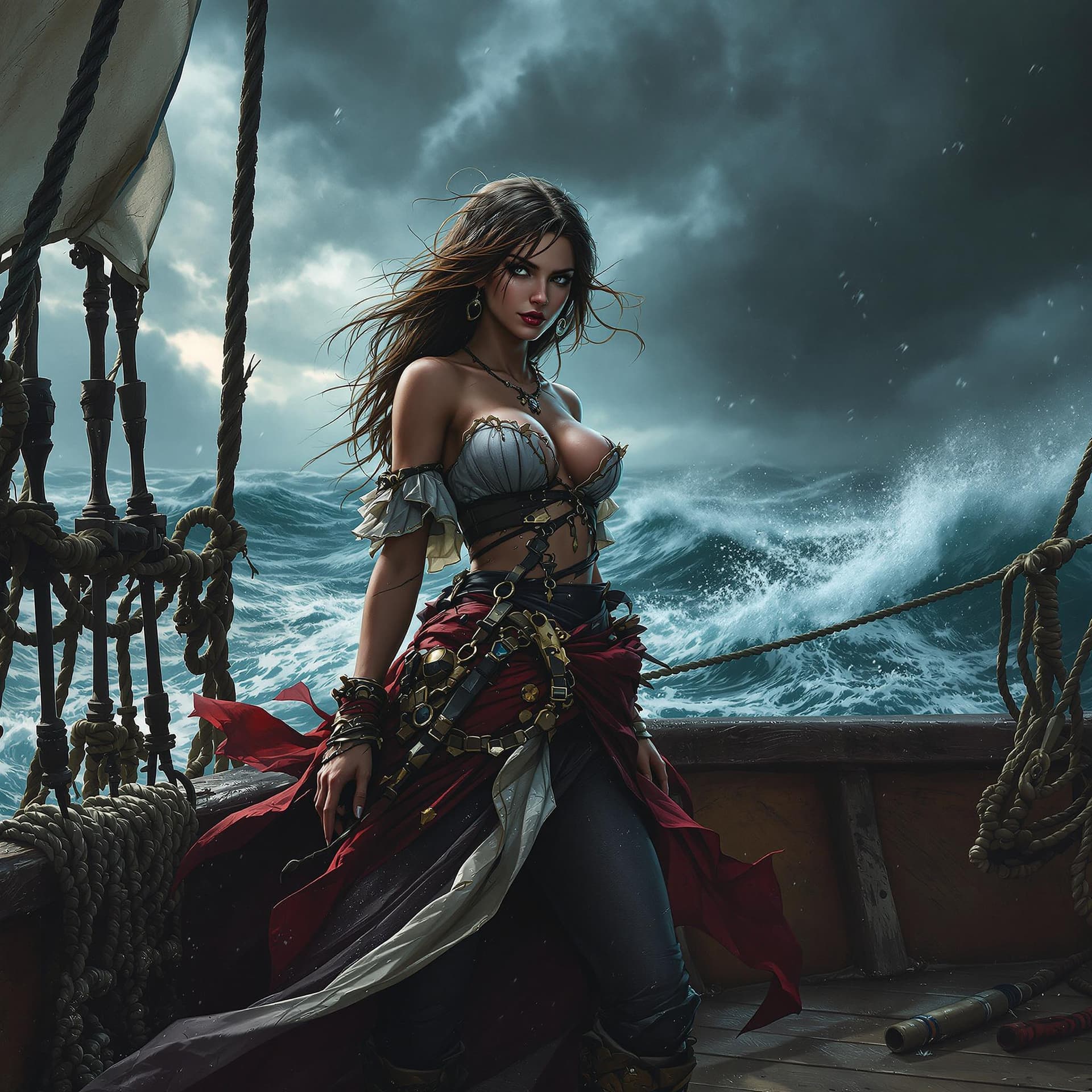 AI generated: Highly detailed photo of a pirate lady standing on the deck with her clothes scuffed, storm raging o...