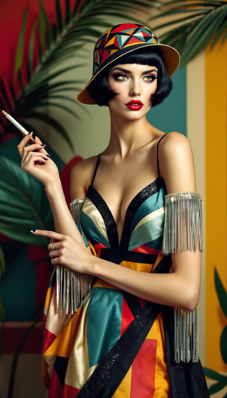 AI generated: A vibrant portrait of a confident woman, her gaze piercing, her eyes bold and colorful, posing in a ...