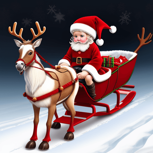 AI generated: A child sitting in a sleigh pulled by Santa Claus's reindeer with gifts