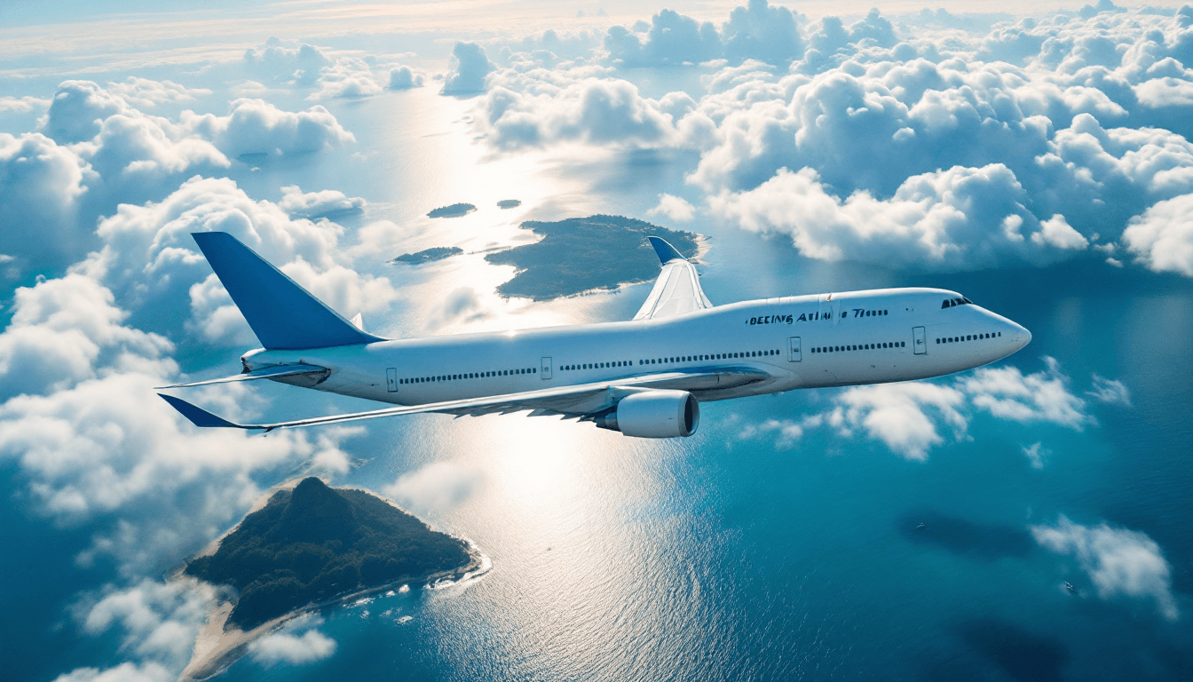 AI generated: An aerial view of a Boeing 747 flying over a tropical island