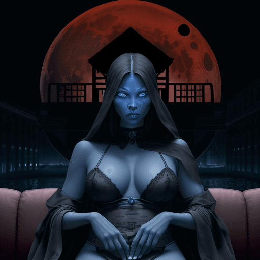 AI generated: Photo of a ultra realistic blue alien king with 5 beautiful large breasted slave women in black ling...