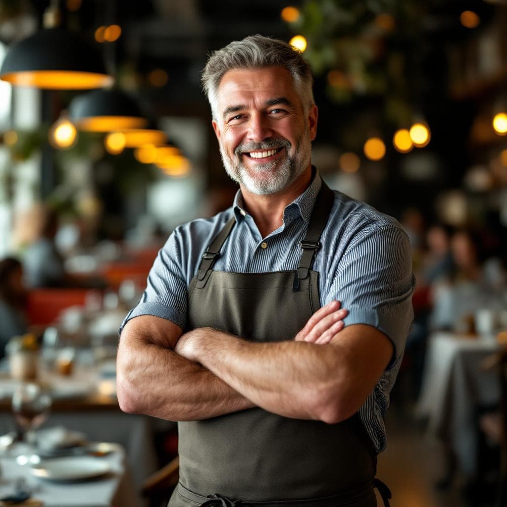 AI generated: "Hyper realistic photograph of a middle-aged restaurant owner standing confidently in his bustling r...