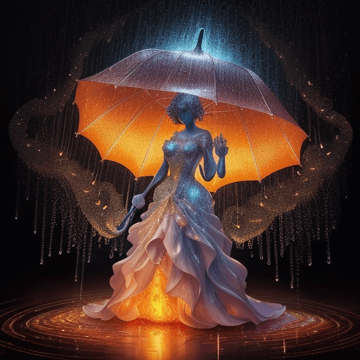 AI generated: An enchanting figure made of enchanted flames stands holding a magnificent umbrella made of cascadin...