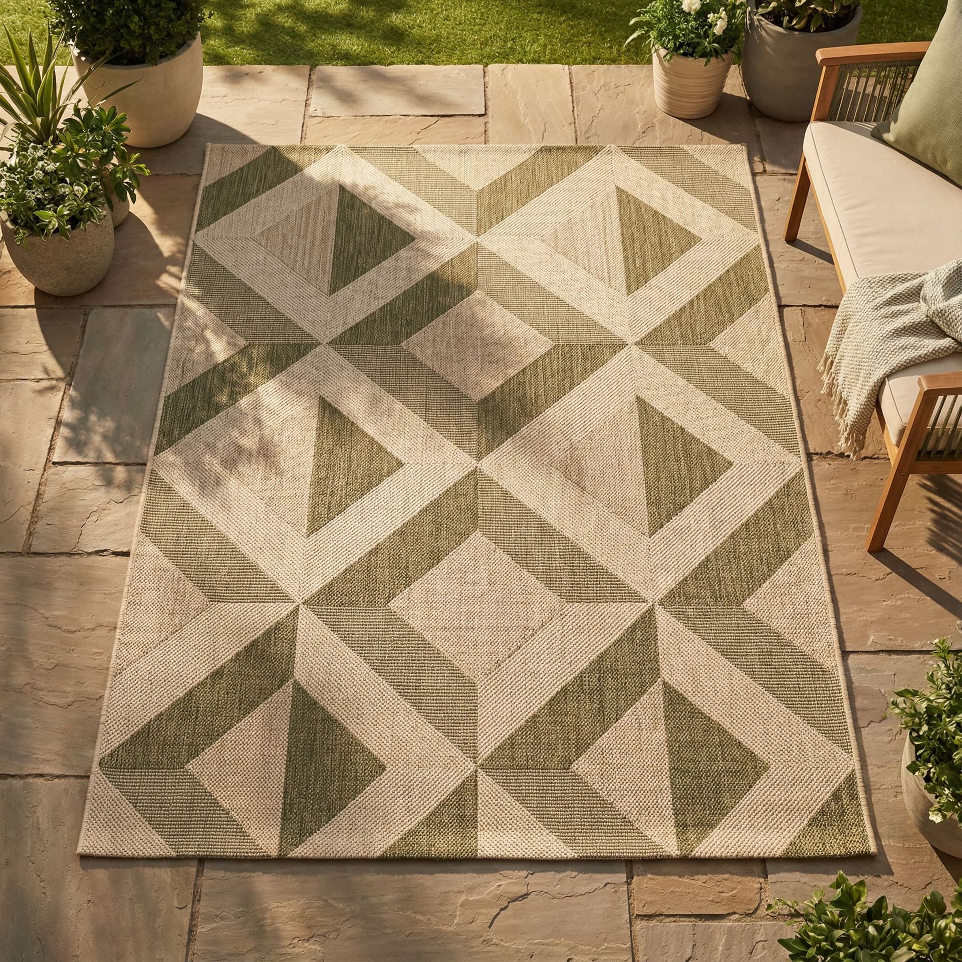 AI generated: A stylish outdoor rug with a modern geometric pattern, made from weather-resistant woven fabric. The...