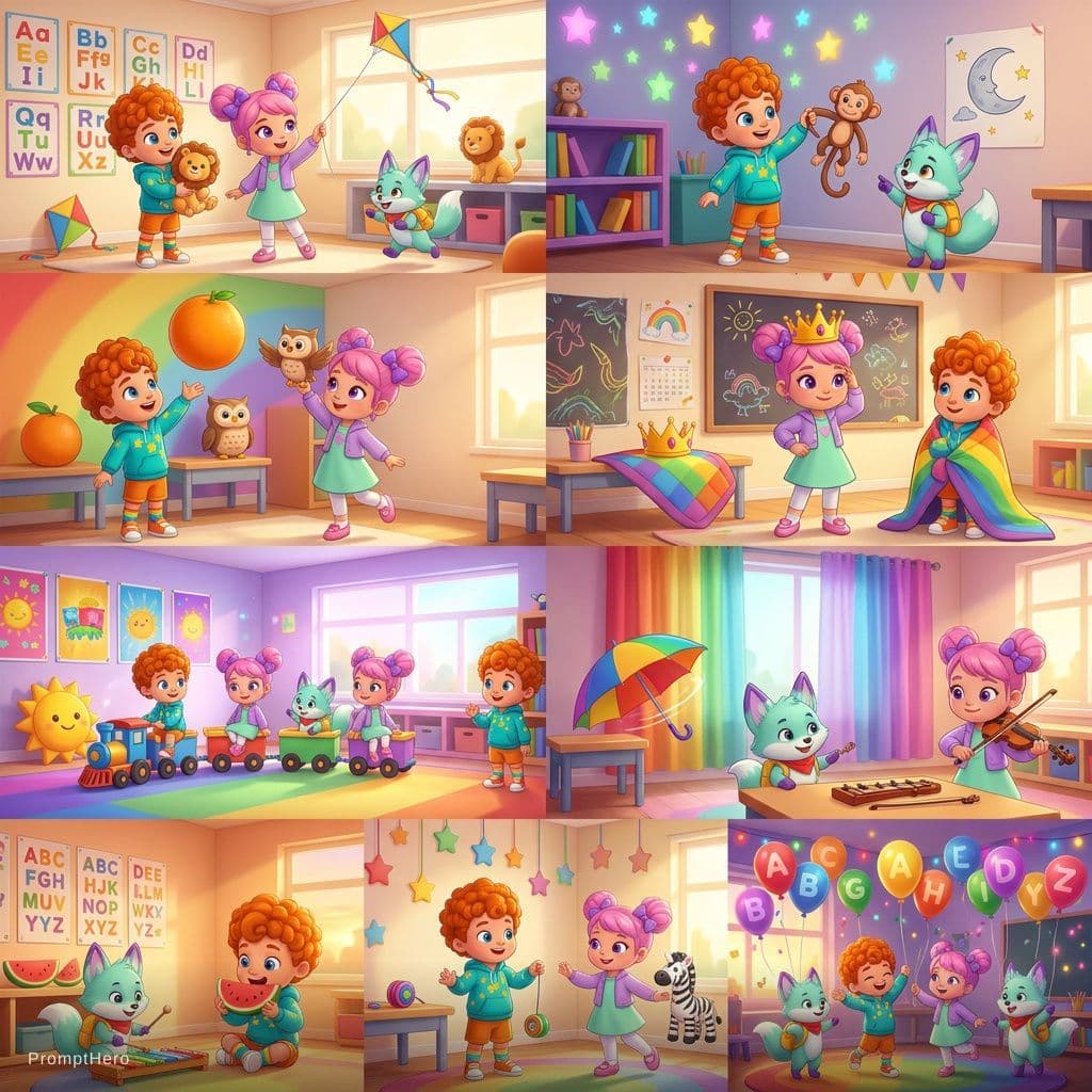 AI generated: Scene 1 (6 sec)
Visual Description

3D animated Pixar-style classroom with rainbow alphabet posters,...