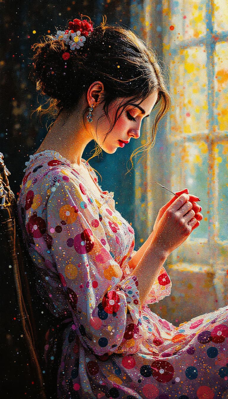 AI generated: Pointillism Painting, Dotted Colors, Textured Surface, Delicate, Woman Holding a Needle Embroidering...
