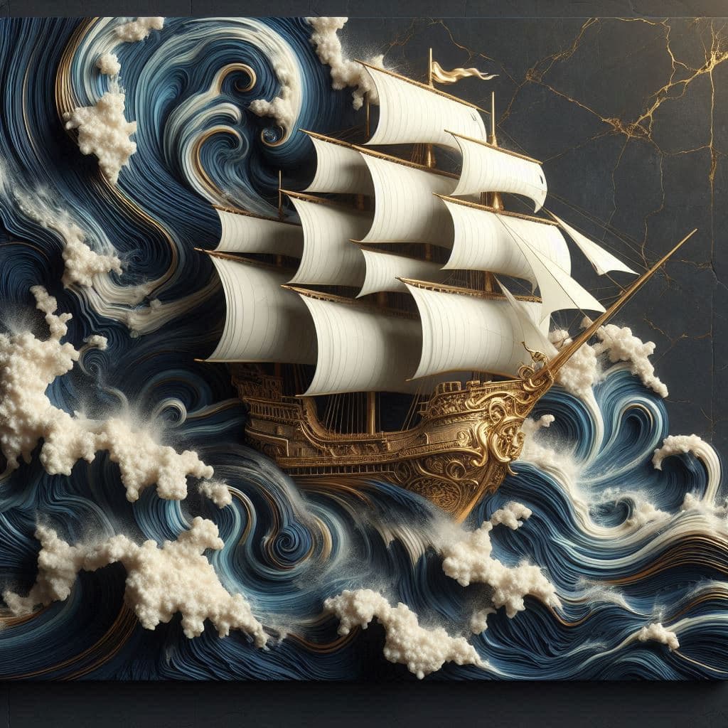 AI generated: old Phoenician sail ship  breaking out on a marble dark blue wall, a gold and white marble sculpture...