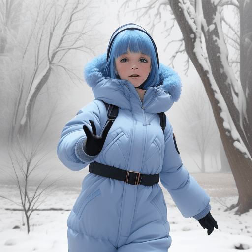 AI generated: a girl in a snow suit dances in winter, snow is falling, there is a lot of snow on the branches of t...