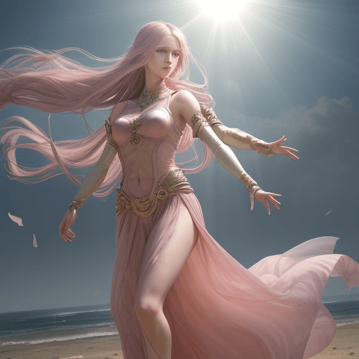 AI generated: High-quality full-length  of a female dancer in a pink transparent chiton, ash-colored long hair blo...