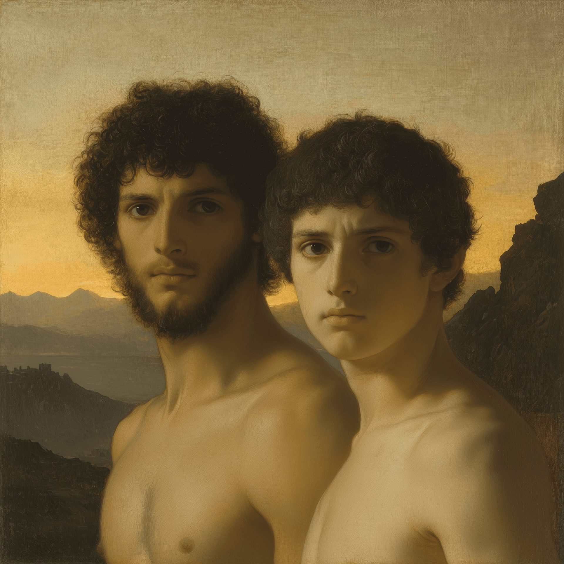 AI generated: A painting of two men with curly hair, one slightly taller and more muscular than the other, set aga...