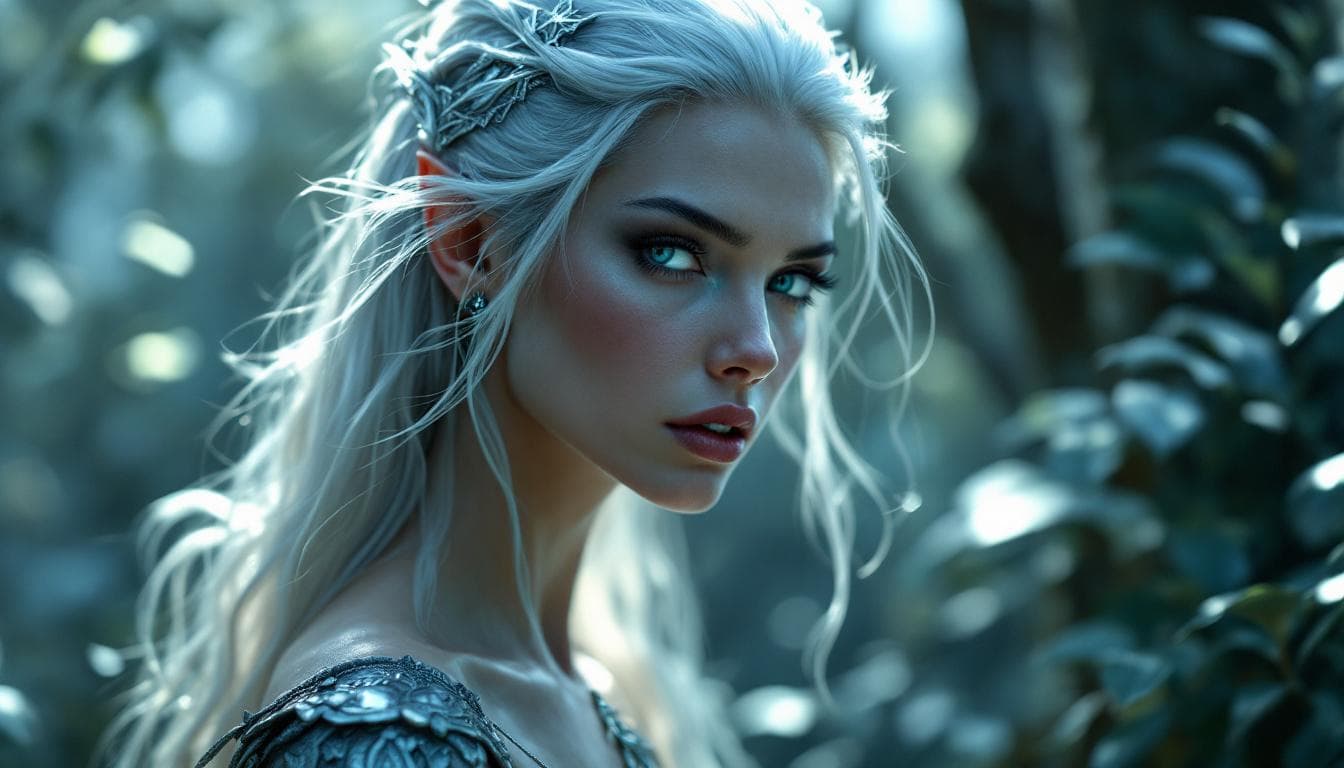 AI generated: Silvara (D’Argent) — Silver Dragon in Elven Guise Moonlit forest clearing with silver mist. Silvara ...