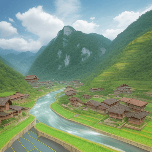 AI generated: A beautiful village under the foot of the mountain split by a river of clear cloudy sky, there are r...
