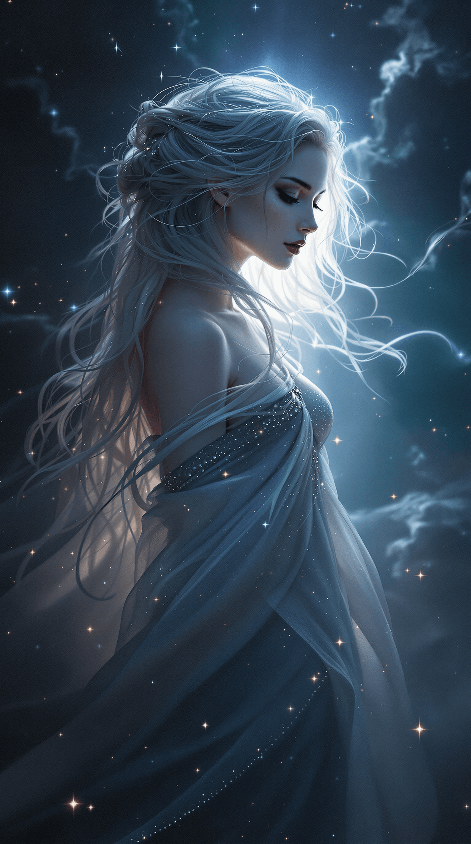 AI generated: A mesmerizing **pale fantasy maiden** stands gracefully in the midst of a **ray of moonbeams**, her ...