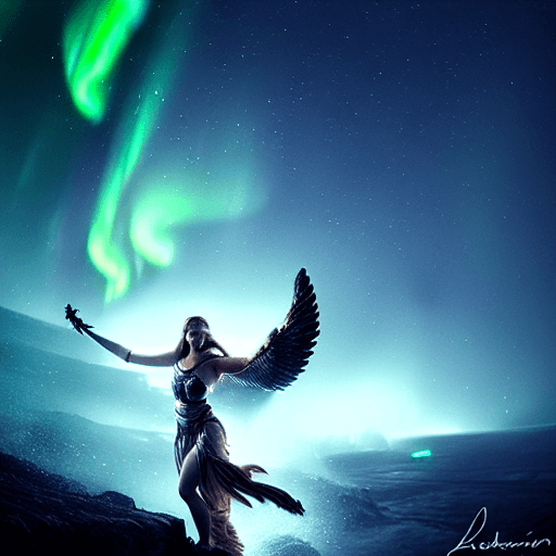 AI generated: A stunning portrait of a female valkyrie descending, aurora borealis in the background, centered| in...