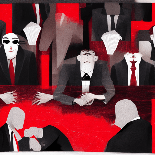 AI generated: distorted, men in suits sitting behind the table, many faces staring at you, in suits , they upside ...