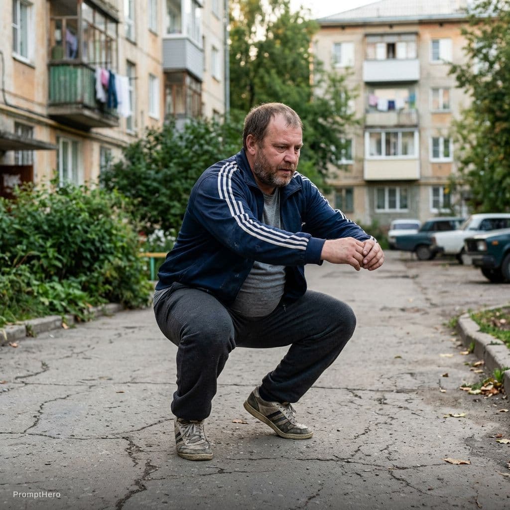 AI generated: Russian squatting pose fatty