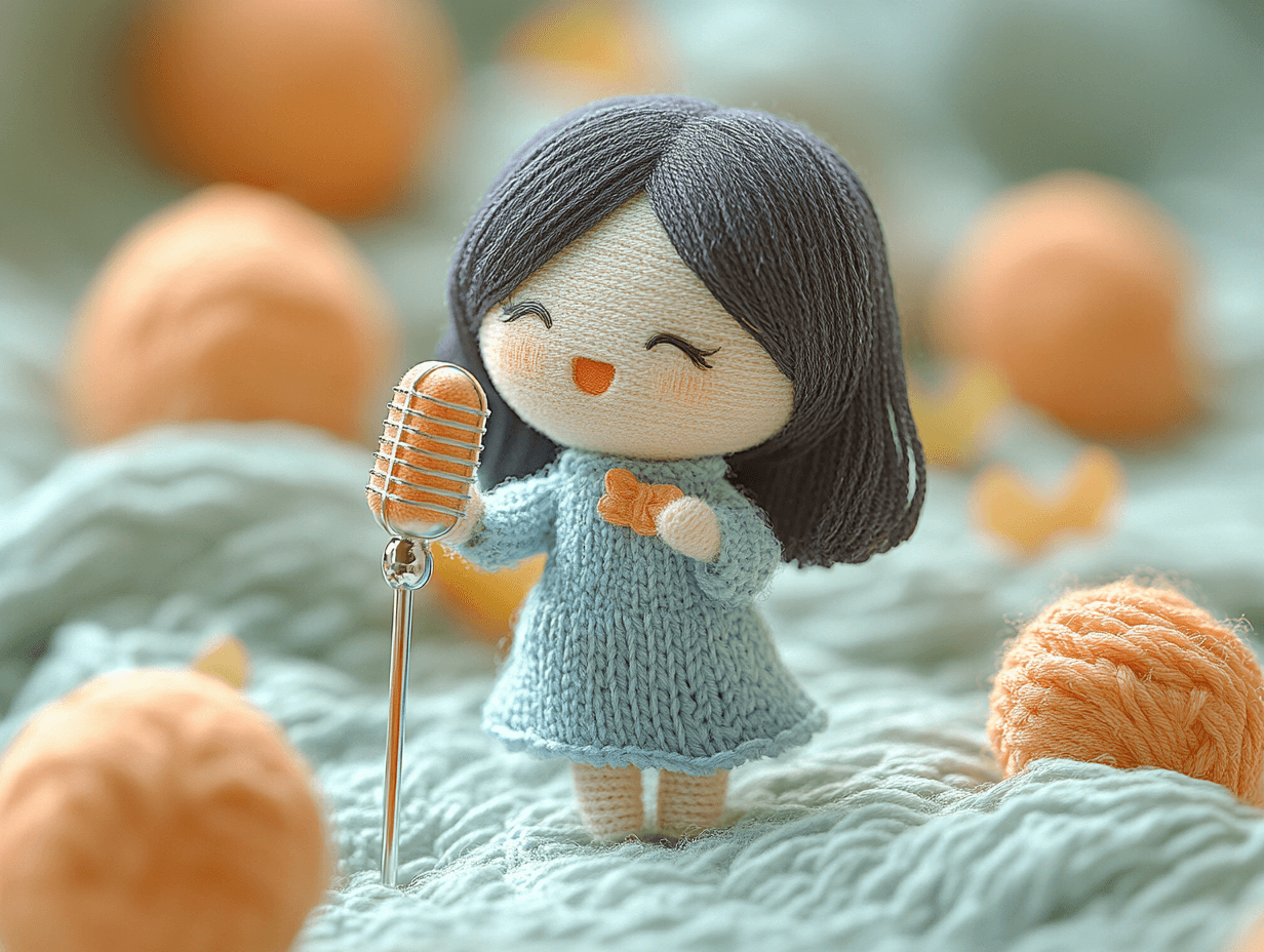 AI generated: Cartoon yarn girl, wearing a blue dress, black hair, doll head, light tone, yarn material, singing o...