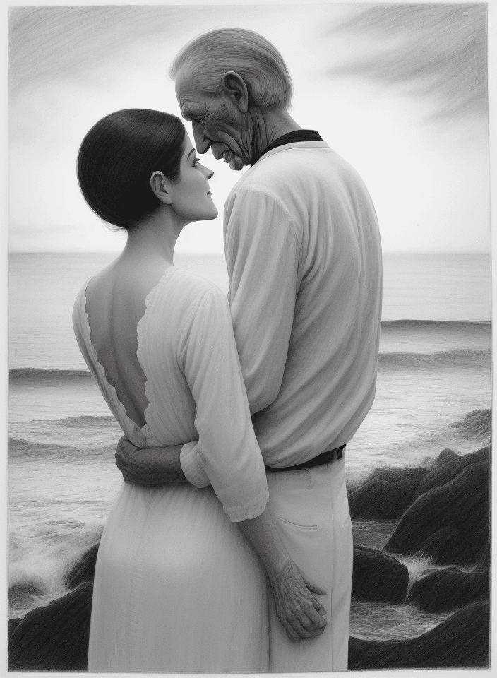 AI generated: Black and white drawing, with an elderly couple looking at each other, he has moustage and he is tal...