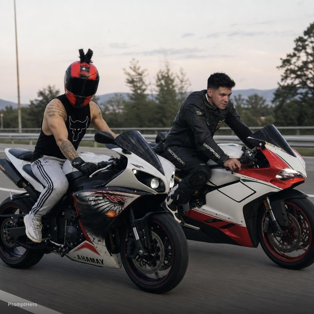 AI generated: Merge two bikers in one photo in highway road as real photo