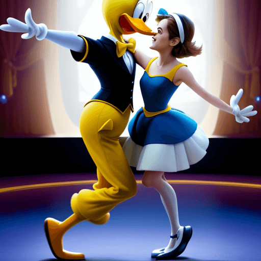 AI generated: Donald Duck dancing with Emma Watson in front  of Disney Castle