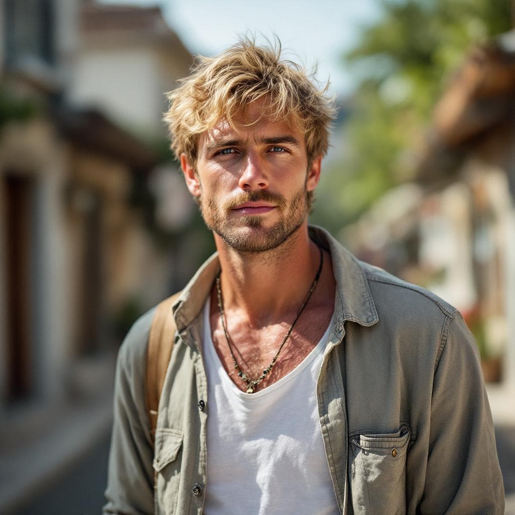 AI generated: man in his 30s, blonde, wearing a casual clothing, on holiday, realistic photo,  normal body shape