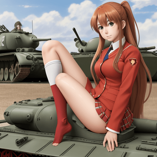 AI generated: taiga aisaka, anime, red school uniform, long hair, sit on tank, T-34, not realism, cartoon, art, so...