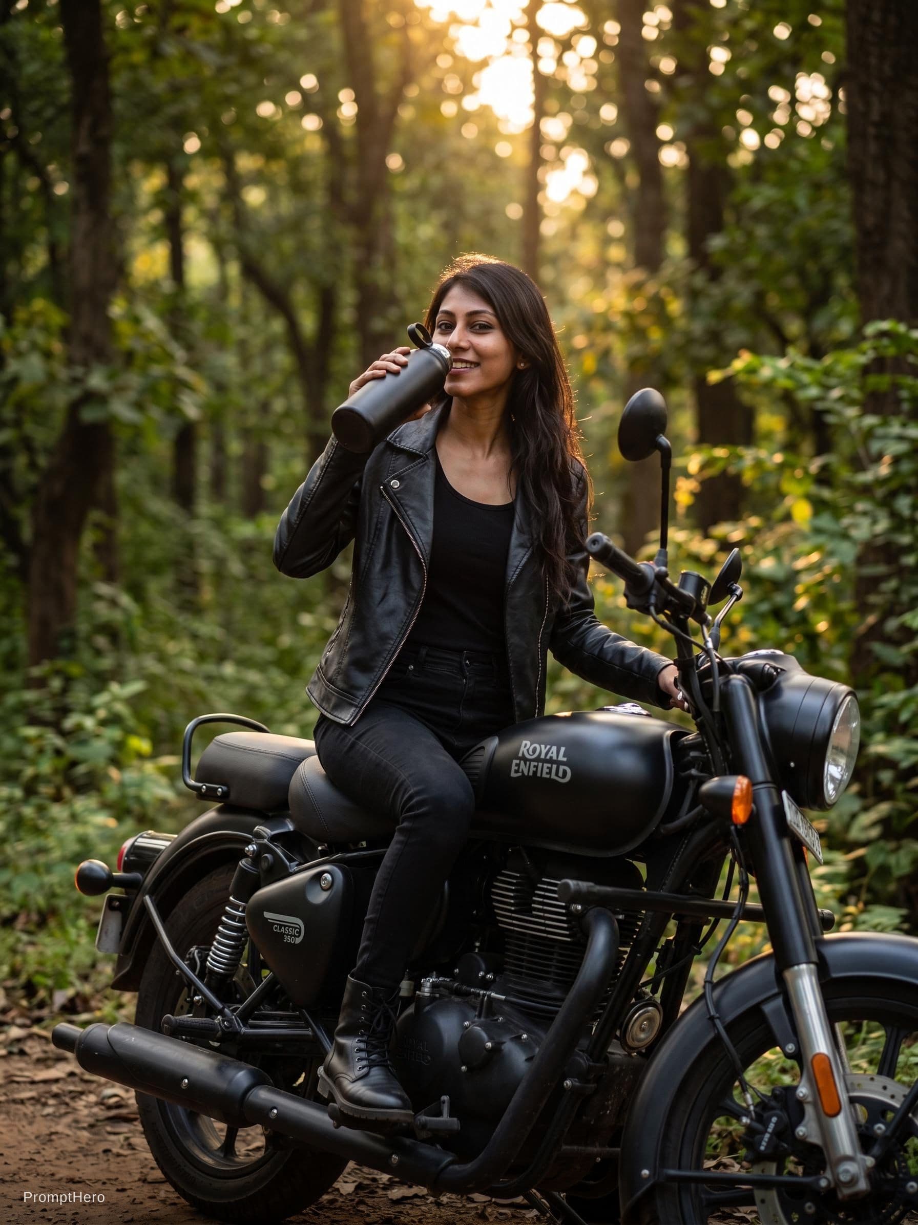 AI generated: Generate an 16 k image of the girl, who is riding a black matte finished colour bullet bike and stop...