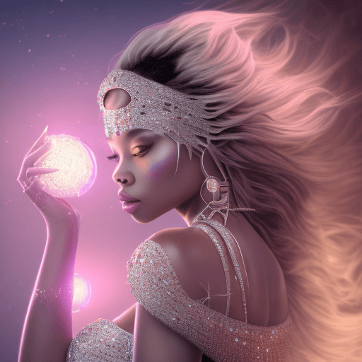 AI generated: gorgeous woman created from diamond, silk, diamonds, gems, sparkling dots, in crystal cave backgroun...