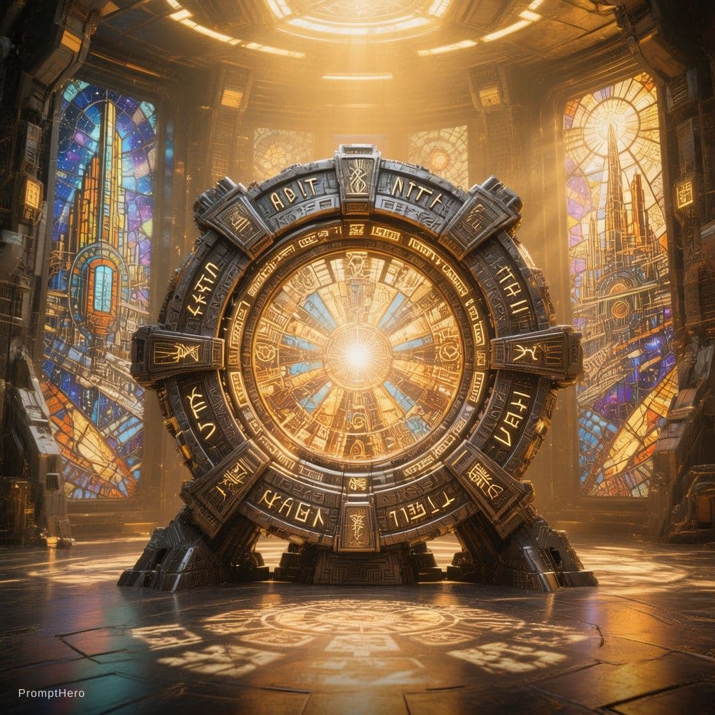 AI generated: A large, circular sci-fi portal ring embedded with glowing glyphs and ancient symbols, standing upri...