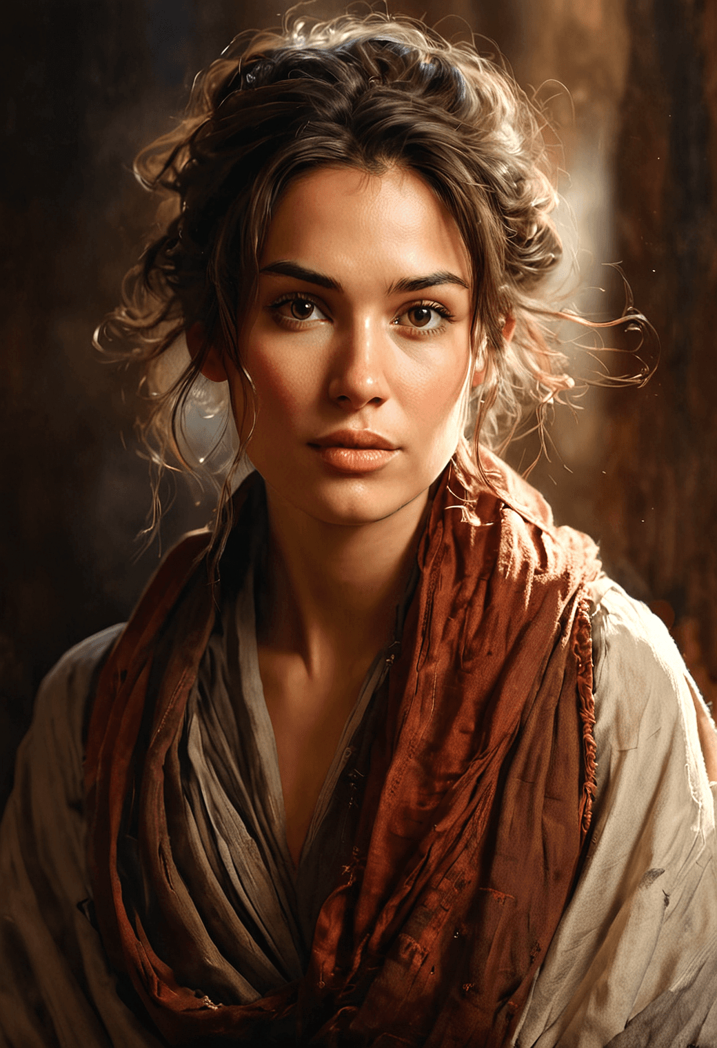 AI generated: A highly detailed portrait of a beautiful woman with an expression of introspection. She has mild sk...