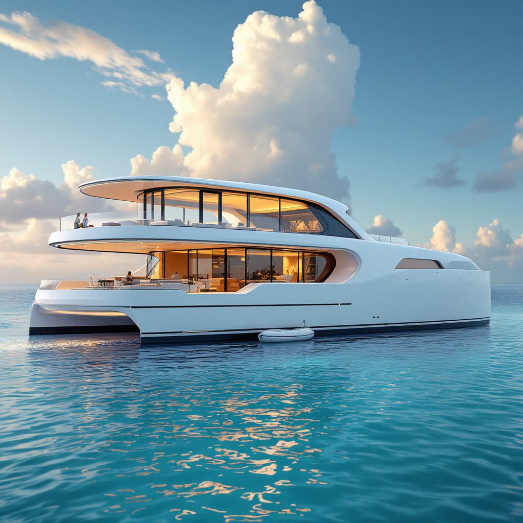 AI generated: Create a futuristic 75-foot power catamaran design with large open windows showcasing a luxurious in...
